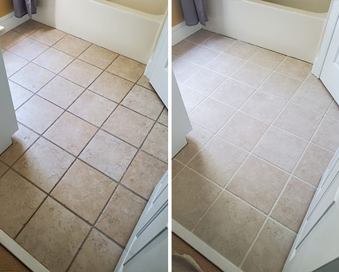 Floor Before and After a Grout Cleaning in Auburndale, MA