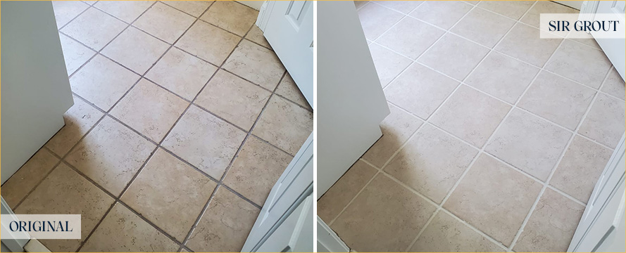 Bathroom Floor Before and After a Grout Cleaning in Auburndale, MA
