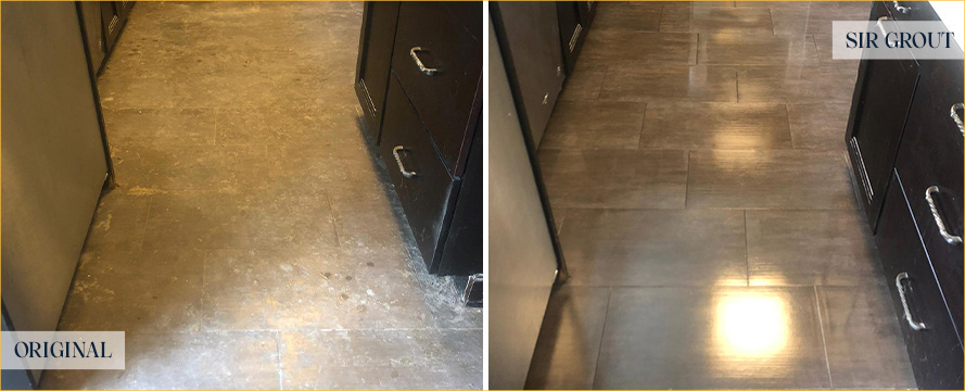Kitchen Floor Before and After a Stone Cleaning in Westwood, MA
