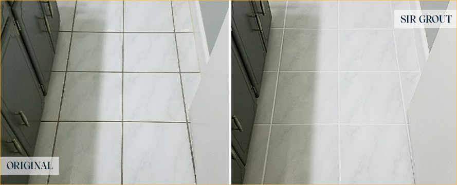 Bathroom Floor Before and After a Grout Cleaning in Chestnut Hill, MA