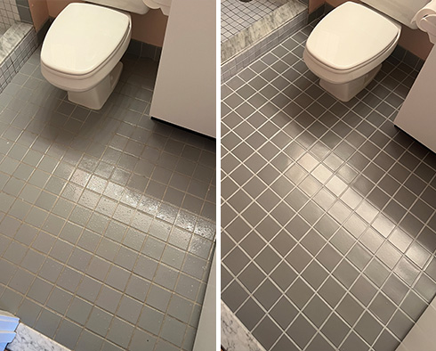 Bathroom Floor Before and After a Grout Recoloring in Woburn, MA