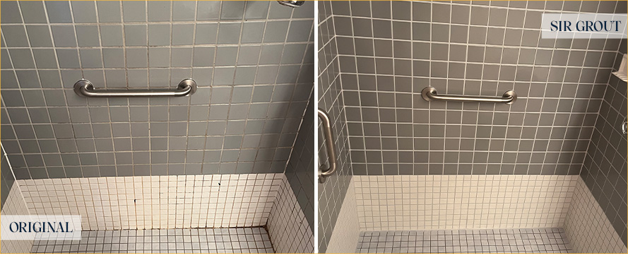 Shower Before and After a Flawless Grout Recoloring in Woburn, MA