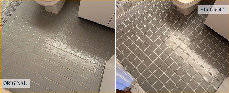 Bathroom Floor Before and After a Flawless Grout Recoloring in Woburn, MA