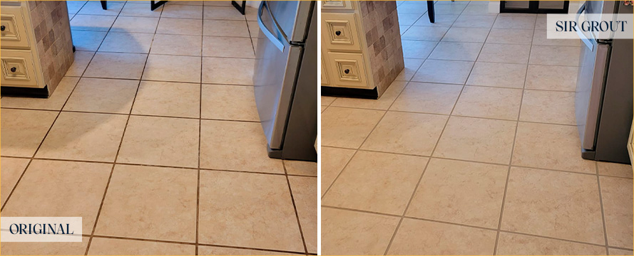 Kitchen Floor Before and After a Grout Cleaning in Brookline, MA