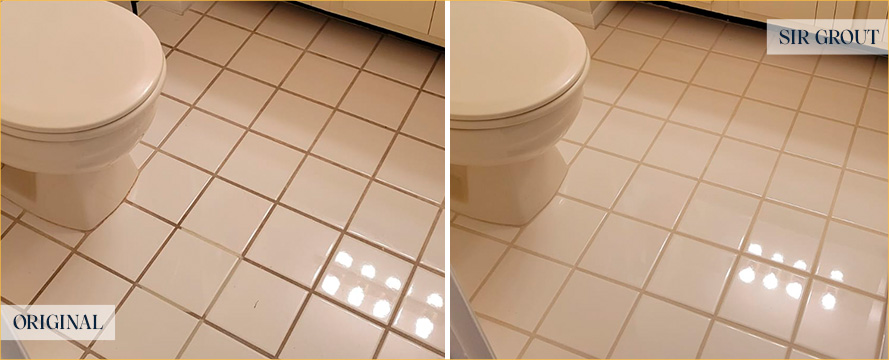 Bathroom Floor Before and After a Grout Cleaning in Brookline, MA
