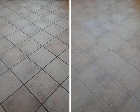 Tile Floor Before and After a Grout Cleaning in Belmont