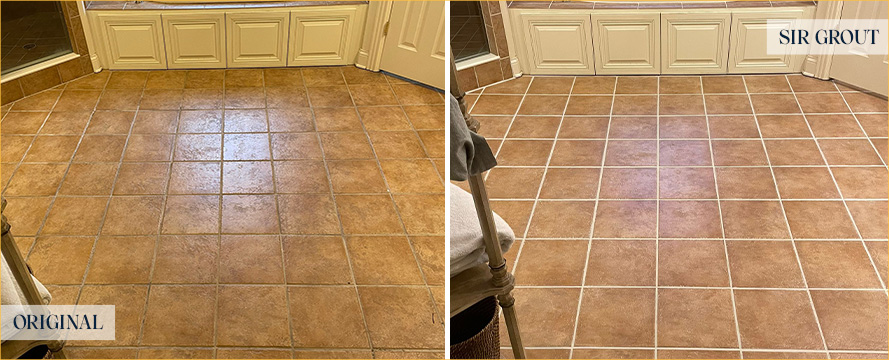 Bathroom Floor Before and After a Grout Cleaning in Weston
