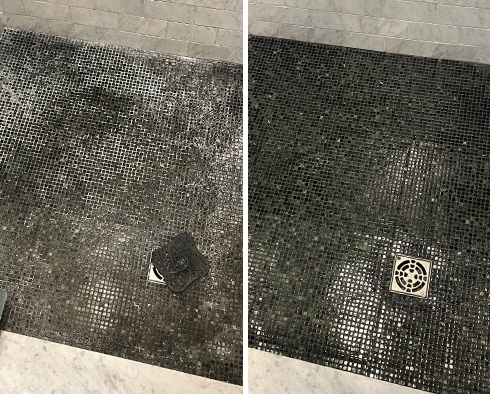 Shower Floor Before and After Our Chestnut Hill Tile and Grout Cleaners Work