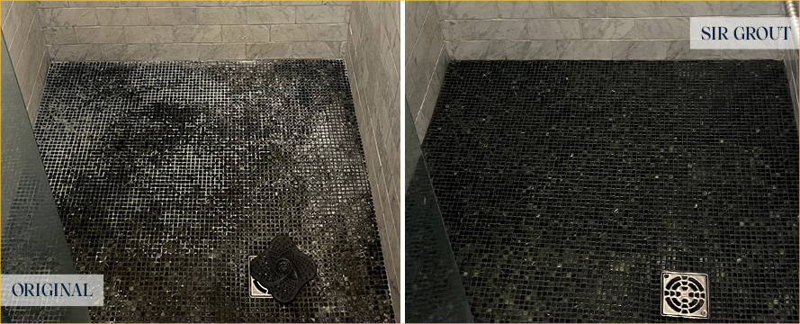 Shower Floor Before and After Our Chestnut Hill Tile and Grout Cleaners Work