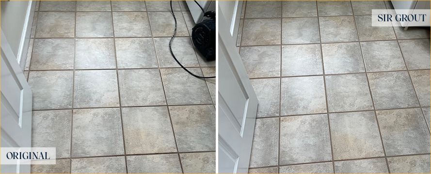 Laundry Room Floor Before and After a Grout Cleaning in Hopkinton