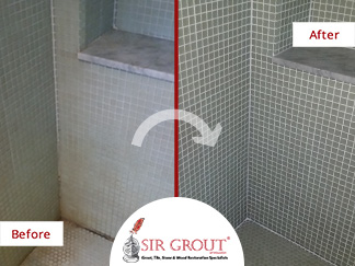 Soap Scum and Mold Plagued This Mosaic Tile Shower in Charlestown. Could a Grout Recoloring Make It Look New Again?