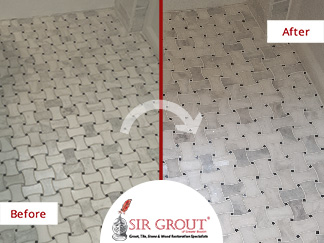 Before and After Pictures of a Grout Sealing Service on Braided Marble Floor in Watertown, MA