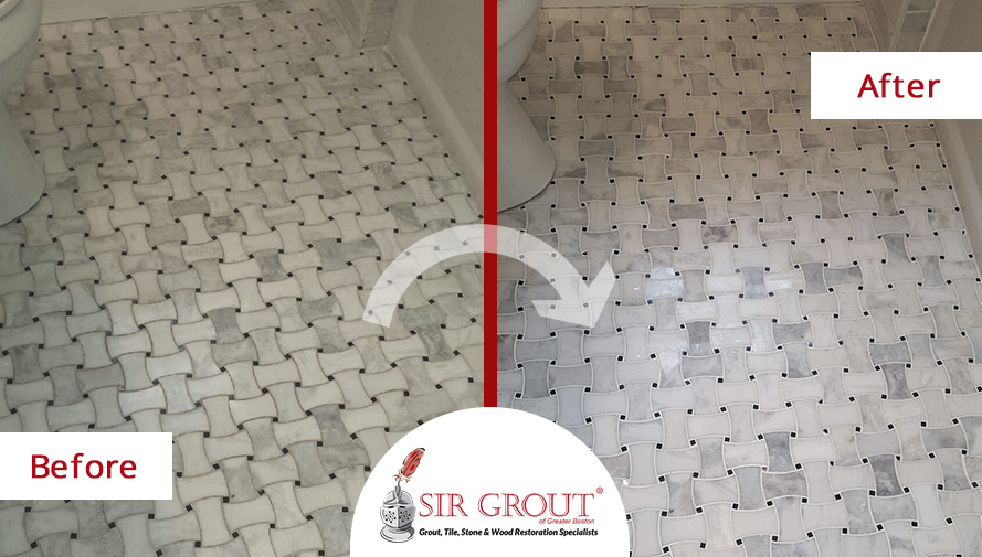 Before and After Pictures of a Grout Sealing Service on Braided Marble Floor in Watertown, MA
