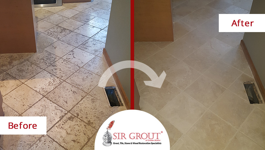 Before and After Picture of Stone Cleaning Perfomed on Tumbled Marble Floor in Shrewsbury, MA