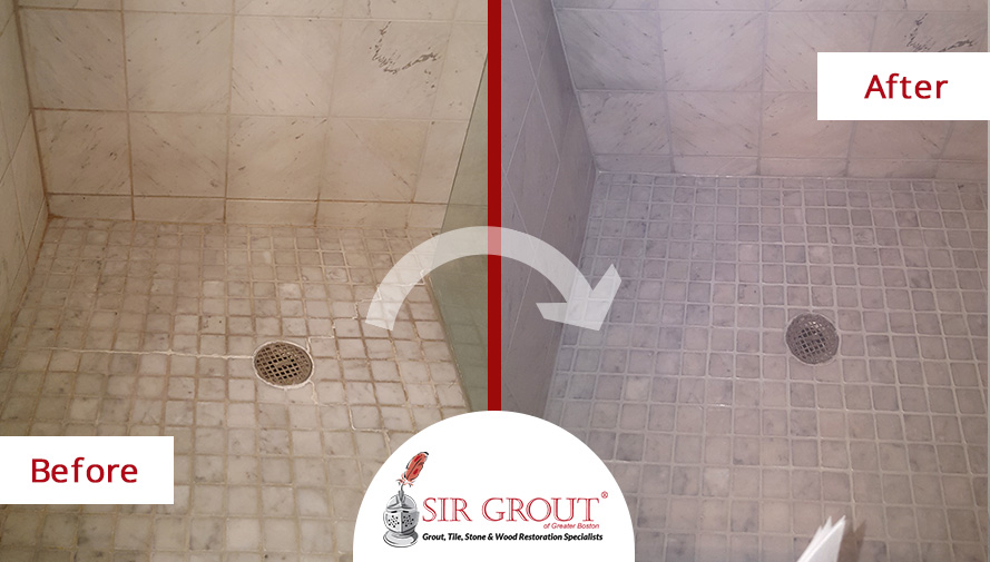 Before and After Picture of a Marble Shower Cleaning Service in Boston, Massachusetts