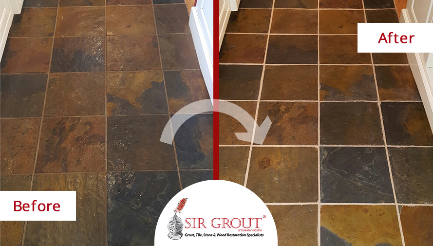 Before and After Pictures of a Stone Sealing Service on a Slate Floor in Sudbury