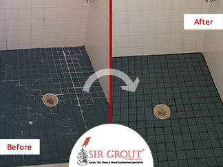 Before and After Picture of a Grout Recoloring Job of a Shower in Sharon, MA