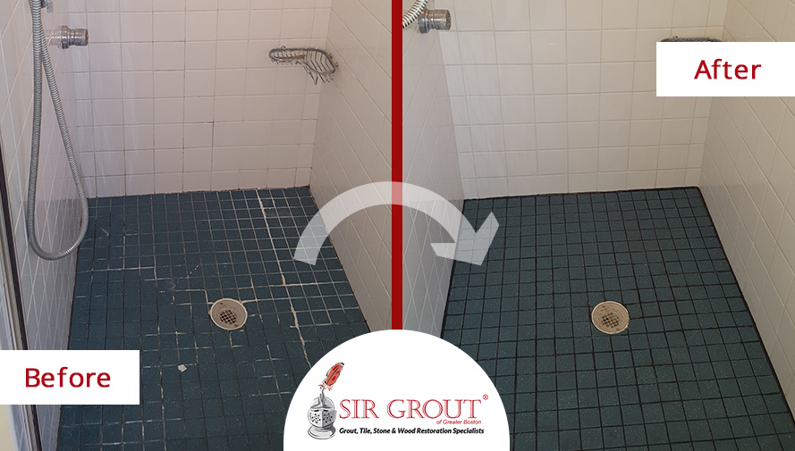 Before and After Picture of a Grout Recoloring Service of a Shower in Sharon, Massachusetts