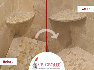 Before and After Picture of a Stained Shower Improved with a Grout Cleaning Job in Acton, Massachusetts
