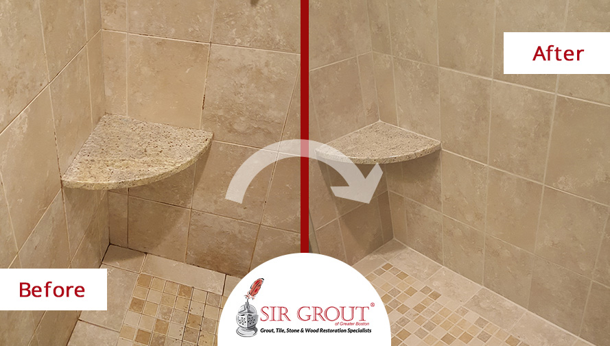 Before and After Picture of a Stained Improved with a Grout Cleaning Service in Acton, Massachusetts