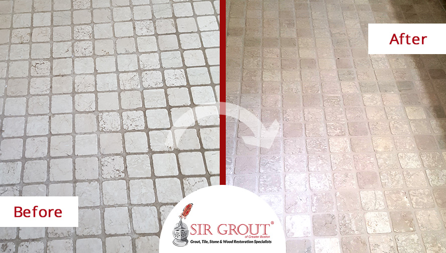 Before and After Picture of a Bathroom's Marble Floor After a Grout Cleaning and Sealing
