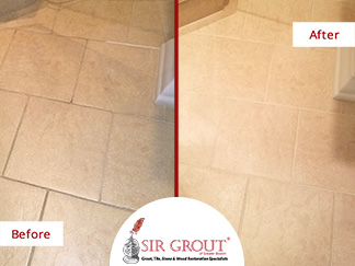 Before and After Picture of a Porcelain Tile Bathroom Grout Sealing Service in Quincy, MA