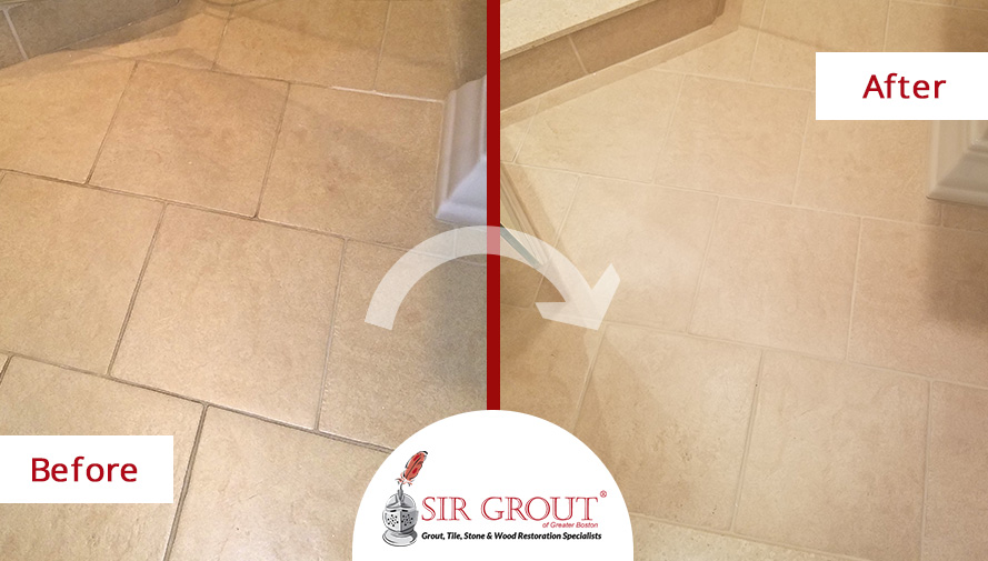 Before and After Picture of a Porcelain Tile Bathroom Grout Sealing Service in Quincy, MA