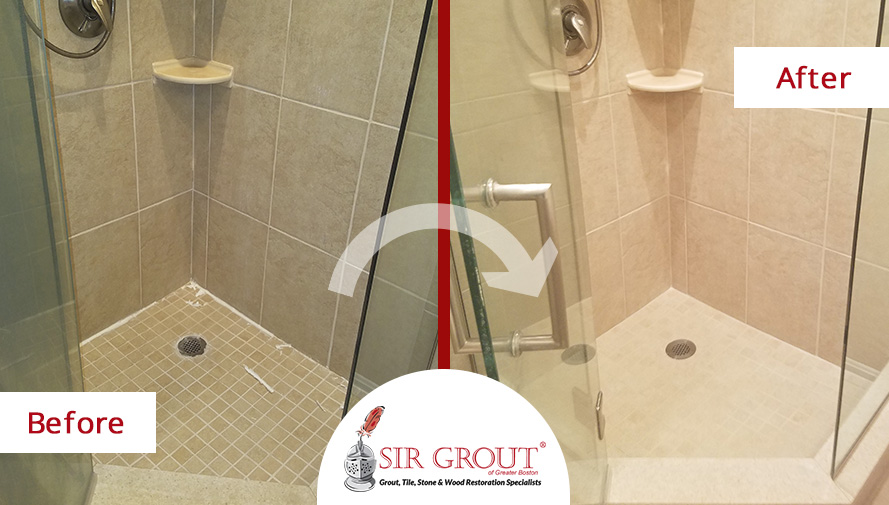 Before and After Picture of a Tile Shower Grout Sealing Service in Quincy, MA