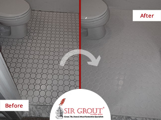 Before and After Picture of a Bathroom Floor Tile Cleaning Service in Wakefield, Massachusetts 