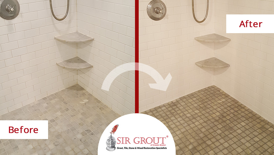 Before and After Picture of a Grout Cleaning and Recoloring Service for a Home Owner in Waban, Massachusetts