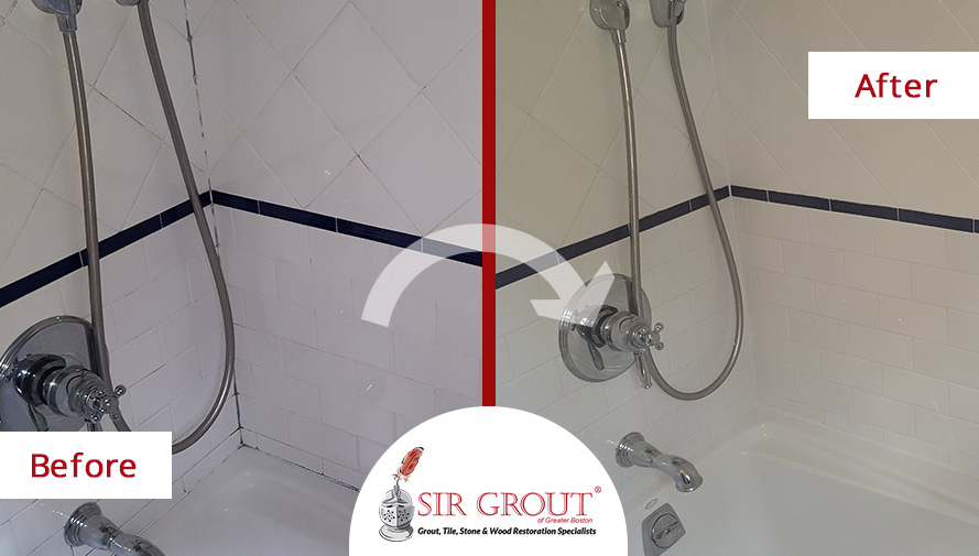 Before and After Picture of a Bathroom Grout Sealing Service in Belmont, MA
