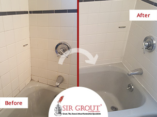 Before and After Picture of a Tile Shower Caulking Service in Newton Center, Massachusetts