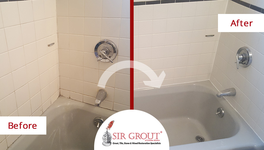 Before and After Picture of a Tile Shower Caulking Service in Newton Center, Massachusetts