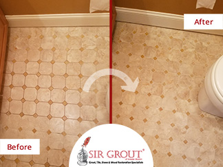 Before and After Picture of a Bathroom Floor Grout Cleaning Service in Boston, Massachusetts