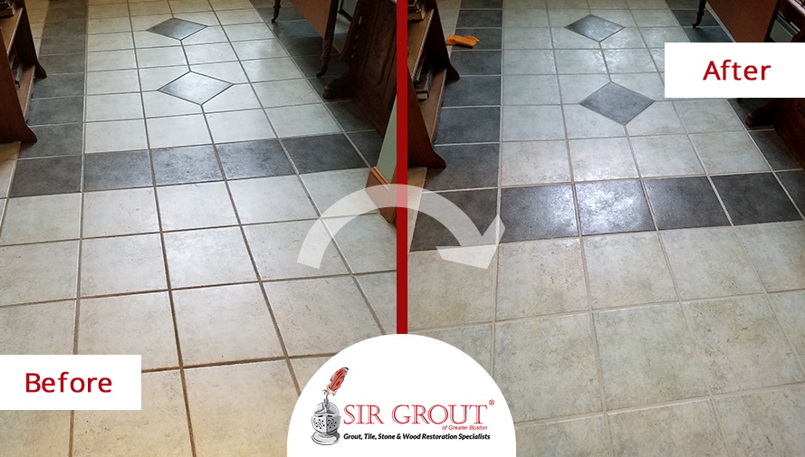Before and After Picture of a Tile Floor Grout Cleaning Service in Burlington, MA