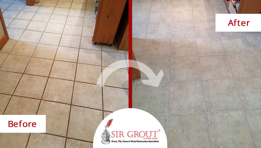 Before and After Picture of a Tile Floor Grout Cleaning in Burlington, MA