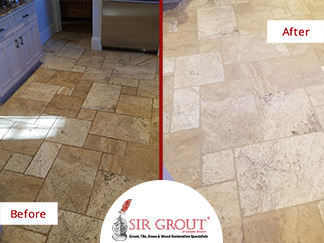 Before and After a Grout Cleaning Service on a Travertine Kitchen Floor in Newton, Massachusetts