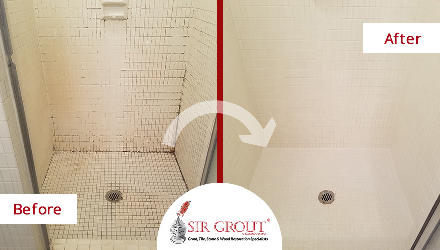 Before and After Picture of a Tile and Grout Cleaners in Brookline Village, MA