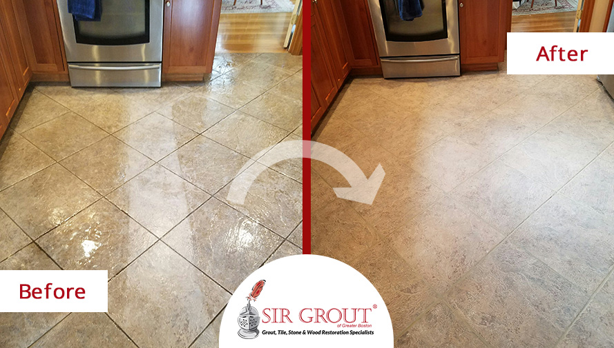 Before and After Picture of a Floor Tile Cleaning Service in Millis, MA