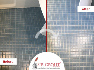 Before and After Picture of a Grout Recoloring Service in Arlington, MA