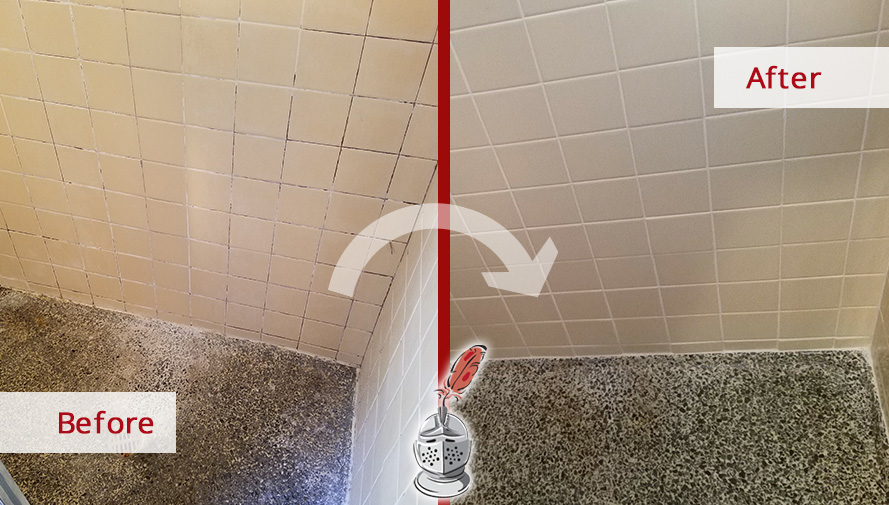 Before and After Picture of a Shower After our Tile and Grout Cleaners in Weston, Massachussets
