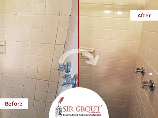 Before and After Picture of a Shower After our Tile and Grout Cleaners Services in Weston, Massachussets