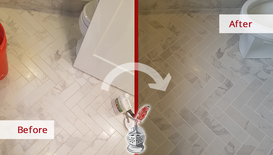 Before and After Picture of a Bathroom Floor Grout Sealing Service in West Newton, Massachussets
