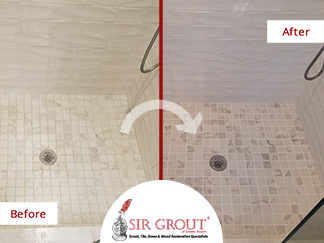 Before and After Picture of a Bathroom Grout Sealing Service in West Newton, Massachussets