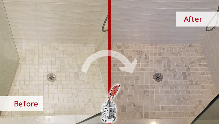 Before and After Picture of a Bathroom Grout Sealing Service in West Newton, Massachussets