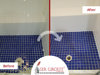 Before and After Picture of a Shower Tile Cleaning Service in Waban, Massachusetts