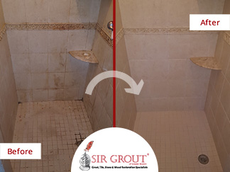 Before and After Picture of a Shower Tile Sealing Service in Natick, Massachusetts