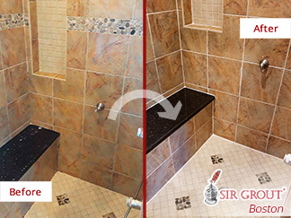 Before and After Picture of a Bathroom Stone Sealing in Braintree, Massachusetts