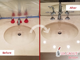 Before and after Picture of a Bathroom Vanity Top That Was Renewed after a Stone Polishing Job Done in Boston, MA