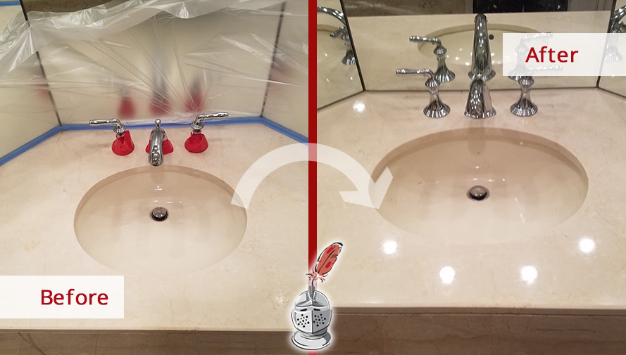 Before and after Picture of a Bathroom Vanity Top That Was Renewed after a Stone Polishing Job Done in Boston, MA